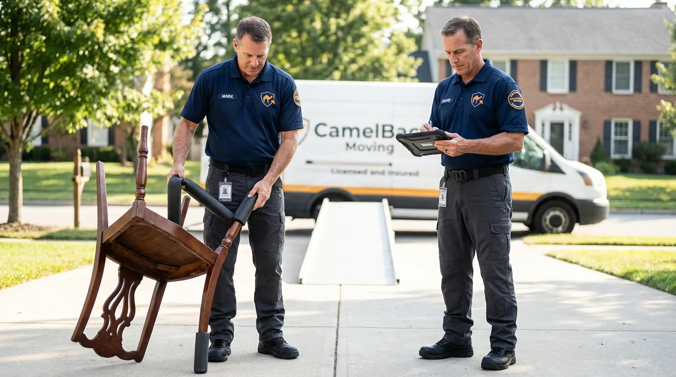 Movers inspecting furniture for damage prevention before loading in Streetsboro, OH